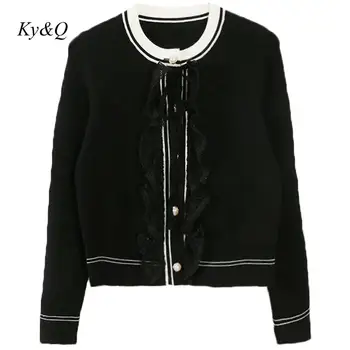 

2019 Winter Vintage Lace Patchwork Women O-Neck Long Sleeve Slim Knit Cardigan Sweaters Luxury Runway Brand Tops Outwear Black