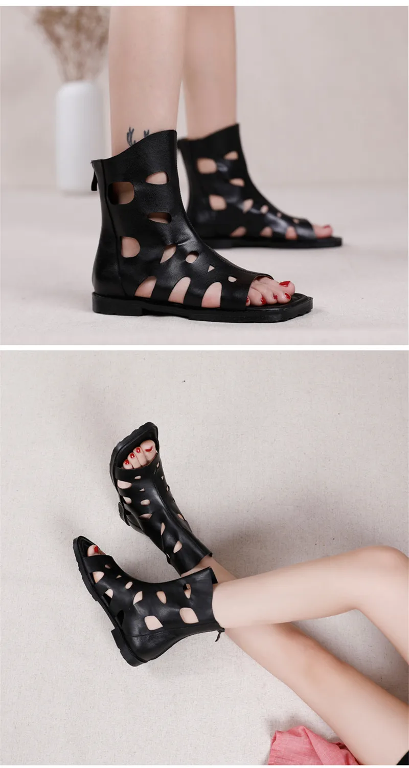 Original 2020 Summer New Women's Sandals Genuine Leather Fashion Retro Flats Bottom Hollow Hole Ladies Gladiator Sandals Shoes (11)