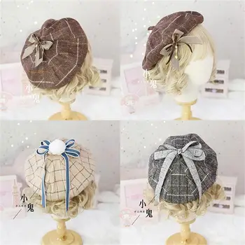 

Soft Girl Lovely Woolen Retro Palid Pumpkin Hat Beret England Lolita Autumn Winter Painter Hat Vintage Bowknot Pancake Cap
