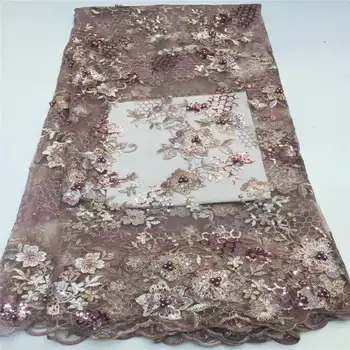 

Peach-colored flower embroidered lace sequins fabric cheap dress material high quality 5yard / lot PLF-93