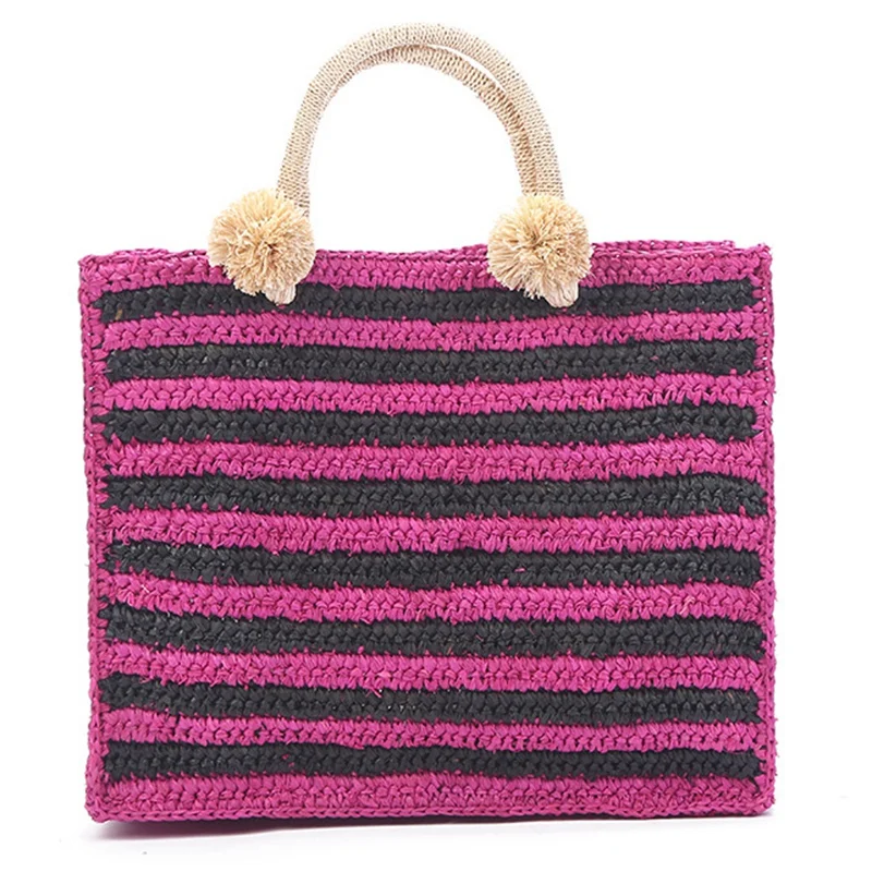 

ABZC-Stylish Summer Beach Bag French Style Straw Bag Women Striped Tote Woven Hollow Out Handbags Elegant Vintage Hand Bags