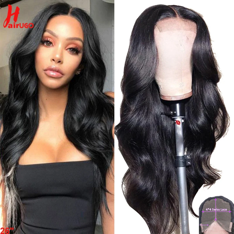 

HairUgo Wigs Human Hair Wigs Brazilian Body Wave 4x4 Lace Closure Wig Remy Pre Plucked Lace Closure Wigs For Woman Natural Color