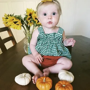 通販 2020 ニューキッズ女の赤ちゃん服セット夏の半袖チェック柄トップスとショートパンツかわいい素敵なカジュアルサスペンダーショーツスーツ