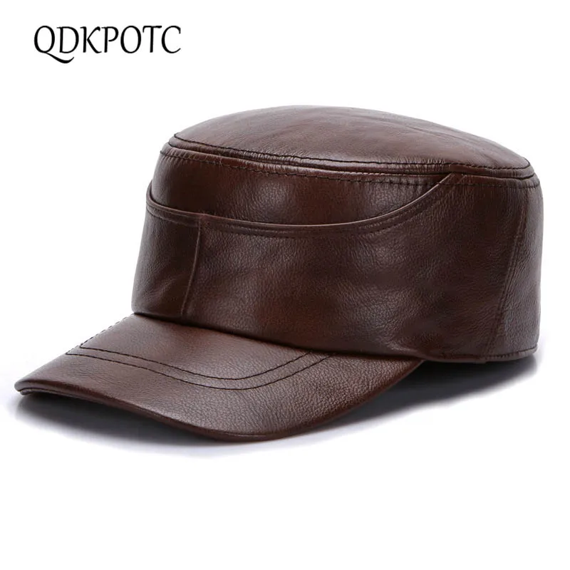 

QDKPOTC High Quality Men Genuine Leather Hat Cowhide Military Hats Autumn Winter Keep Warm Flat Cap Leisure Fashion Dad Caps