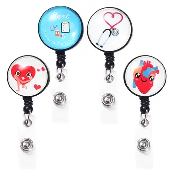 

4PCS Retractable Name Tag Hanging Clamp Chest Card Hanging Clip Themed Printing Badge Clips Cartoon Printed