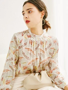 

Autumn New Elegant Silk Shirt Lantern Sleeve round Neck Silk Shirt Feather Print Women's Top Dropshipping