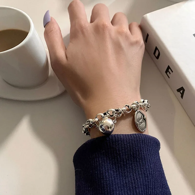 Foxanry Stamp Bracelet Trendy Rock Hip Hop Vintage Creative Good Luck Thick Chain Tassel Beads Party Jewelry Gifts