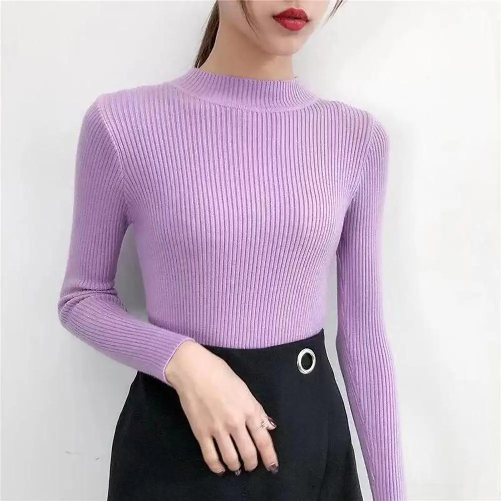 Women Autumn Winter Solid Color Long Sleeve Mock Neck Slim Knitted Sweater Top | Женская одежда