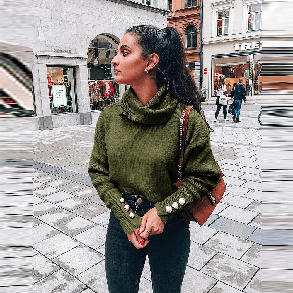 

Autumn Winter Turtleneck Knitting Sweater Women Casual Button Long Sleeve Soft Warm Loose Knitted Pullovers Fashion Streetwear