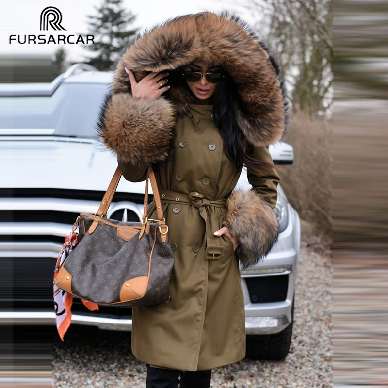 

FURSARCAR Fashion New Real Fur Parka Women Luxury Winter 80 CM Long Coat With Raccoon Fur Collar And Cuff Casual Warm Fur Parka