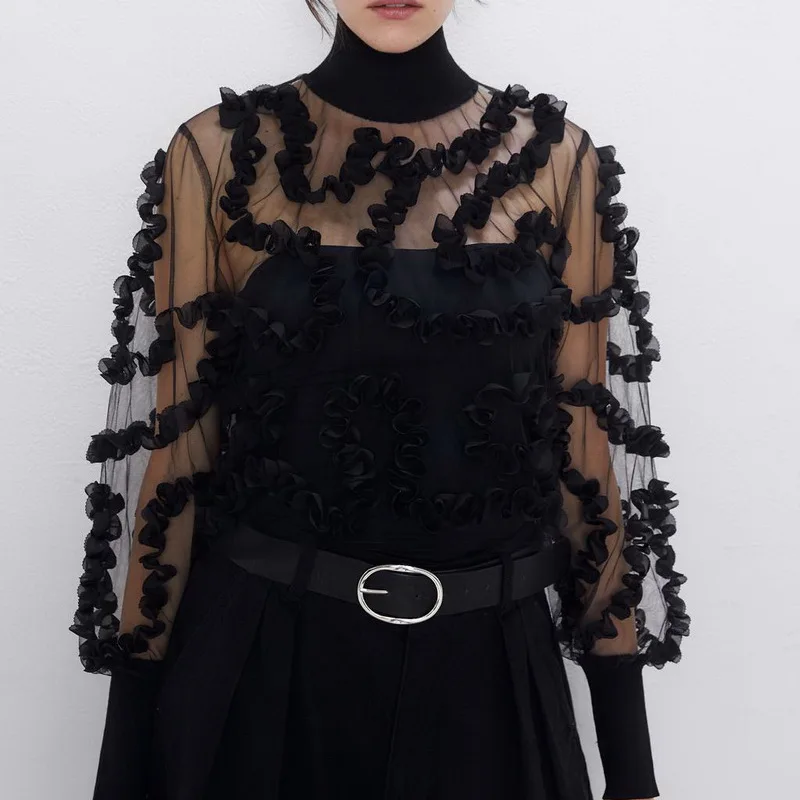 2019 za Женская мода SEMI SHEER контрастный Топ с длинным рукавом высоким воротом
