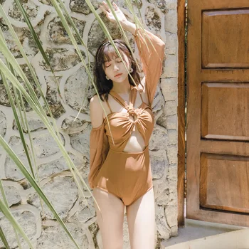 

May Swimwear Wholes Swimsuit Fused 2020 Push Up Trikini Female Solid Korea Sexy Covering Long Sleeve Girls Spandex