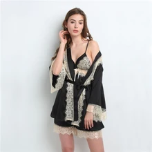 Атласный шифон тонкий длинный рукав халат набор кружева лоскутное v-образным вырезом слинг эластичные шорты комплект из 3 предметов сексуальное элегантное женское ночное белье