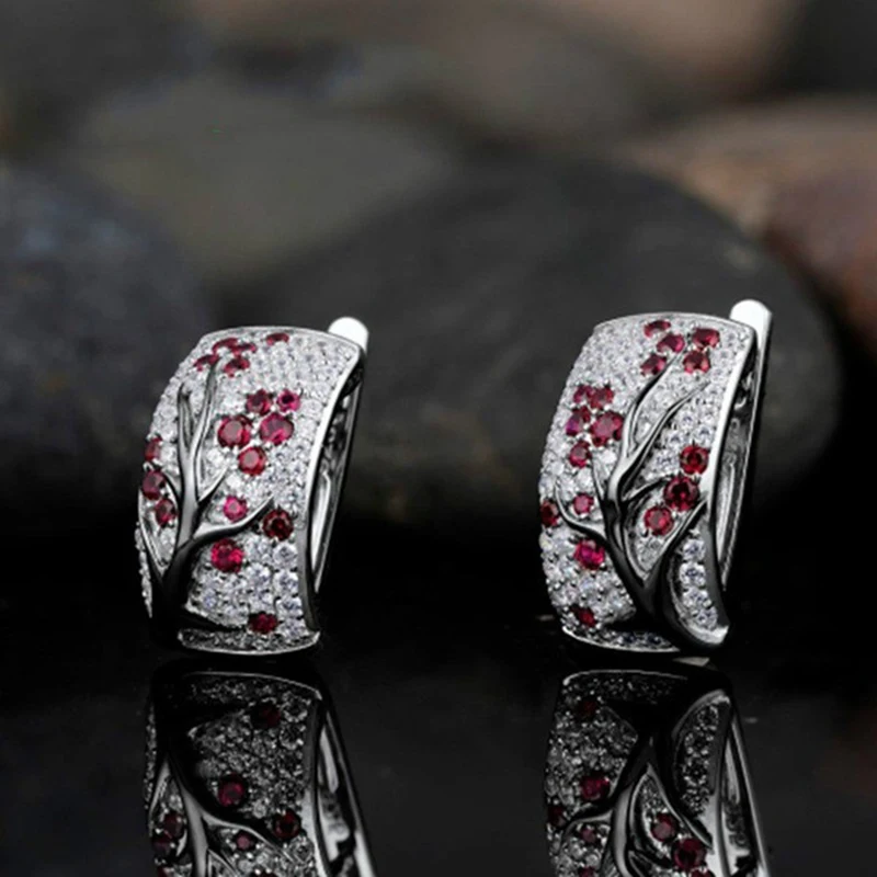 Tisonliz/модные серьги-кольца серебряного цвета, Винтажные серьги-капельки с цветком сливы, кристаллами, цирконием, красными и зелеными серьгами, серьги-капельки с кристаллом