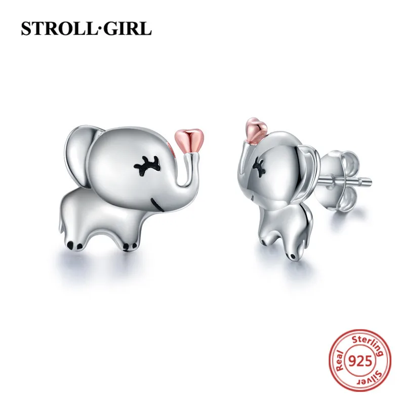 Strollgirl, Новая мода, 925 пробы, серебряные, милые, животные, слон, с любовью, серьги-гвоздики для женщин,, вечерние ювелирные изделия, подарки