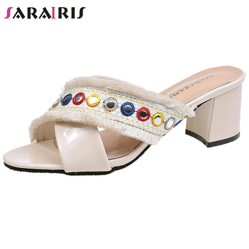 

SARAIRIS Female Breathable Outdoor Beading Summer Mules Fashion High Heels Pumps Women Elegant Sewing Ethnic Shoes Woman