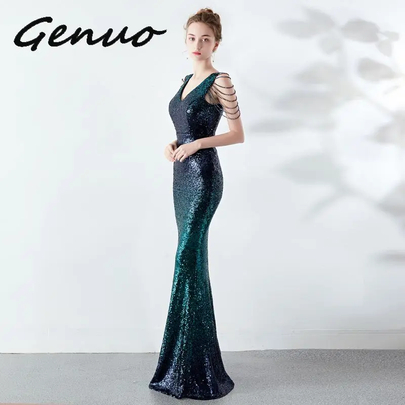 Genuo, новинка, Trajes De Gala, v-образный вырез, вечерние платья, сексуальные, с блестками, на молнии, сзади, Русалка, в пол, Vestido De fiesta largo
