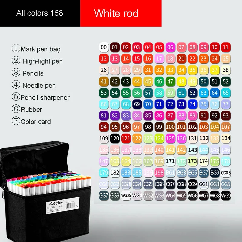 Markers brush Pen Set authentic student double-headed beginner 30/40/60/80 colors oil alcohol painting marker art supplies - Цвет: All 168 White rod