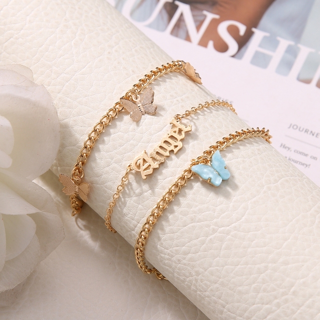 Pink Butterfly Anklets Set For Women Cute Gold Letter Angel Chain Anklet Foot Ankle Bracelet Summer Beach Jewelry