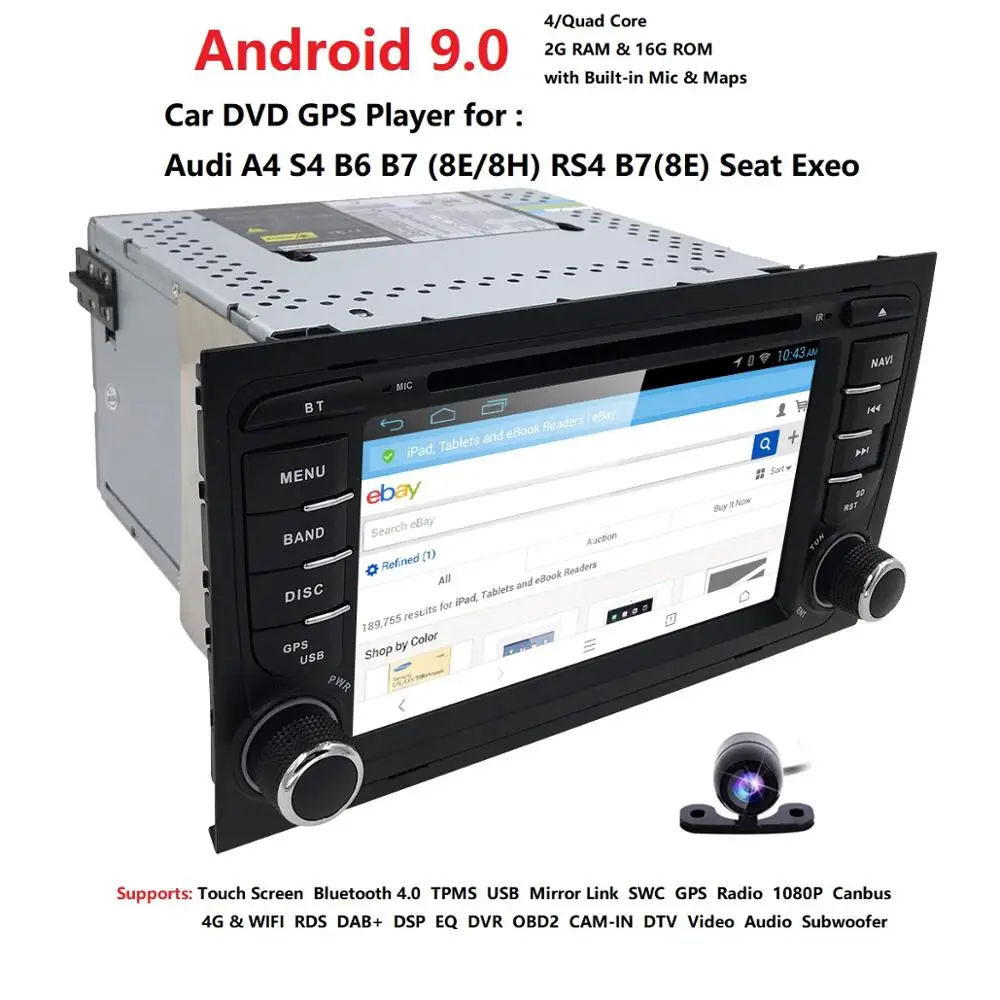 Flash Deal Hizpo Android 9.0 Double Din Car DVD GPS Player For Audi A4 S4 B7 Canbus Radio GPS Bluetooth 1080P 4G USB Host Ipod Map TPMS DVR 4
