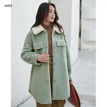 Корейский стиль, зимнее зеленое пальто для женщин, искусственный мех, длинный рукав, Женское шерстяное пальто, осенняя Свободная Женская шерстяная верхняя одежда, Casaco Feminino