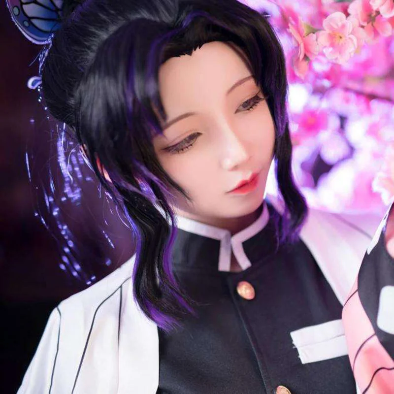 Аниме Demon Slayer: Kimetsu no Yaiba Kochou Shinobu короткие черные фиолетовые термостойкие волосы