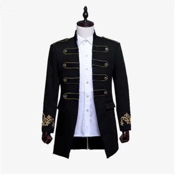 

Men Double-breasted England Style Long Slim Fit Blazer Design Wedding Groom Suit Jacket Mens Stage Wear Singer Costume