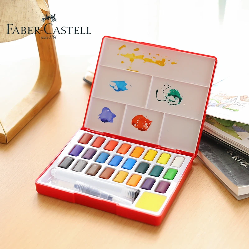 Faber Castell Solid Watercolor Paint Set 24/36/48 Colors with Watercolor Brush Pen Portable Bright Color
