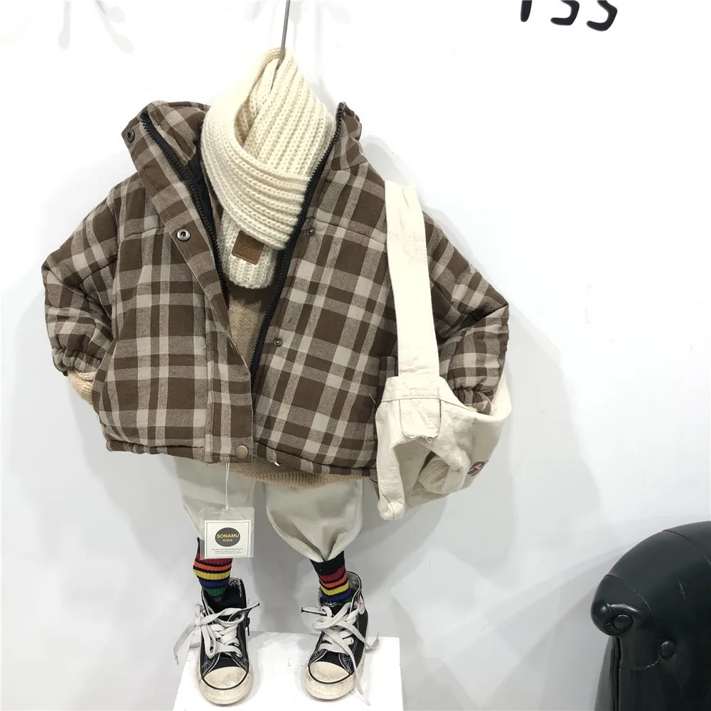 New Arrival Girls Boys Plaid Thicken Coat Autumn Winter Fashion Kids Jacket 3-8 Years - Цвет: Коричневый