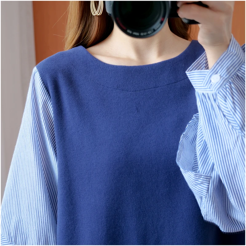 DIMANAF Plus Size Women T-Shirt Female Ruffles Long Sleeve Tops Tees Tunic Cotton Striped Spliced Loose tshirt Autumn Clothing