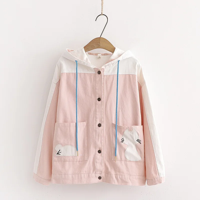 

Japanese-style Soft Girl GIRL'S Autumn New Style Cartoon Cat And Mouse Applique Contrast Color Loose-Fit Hooded Jacket Coat Wome