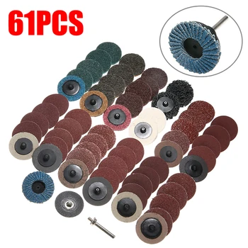 

61Pcs 2" 50mm Roll Lock Surface Sanding Discs Pad Polishing Sandpaper Kit + Wool Buffing Wheel + Grinding Pole For Polishing