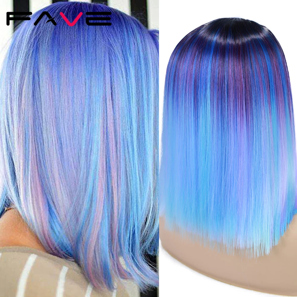 Fave Ombre Bob Synthetic Wig Rainbow Colorful Blue Wigs Straight Hair Middle Part Cosplay Wig Heat Resistant Fiber For Women