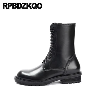 

lace up knee high black fall short new shoes combat chunky big size heel women ankle boots 2019 round toe quality military plus