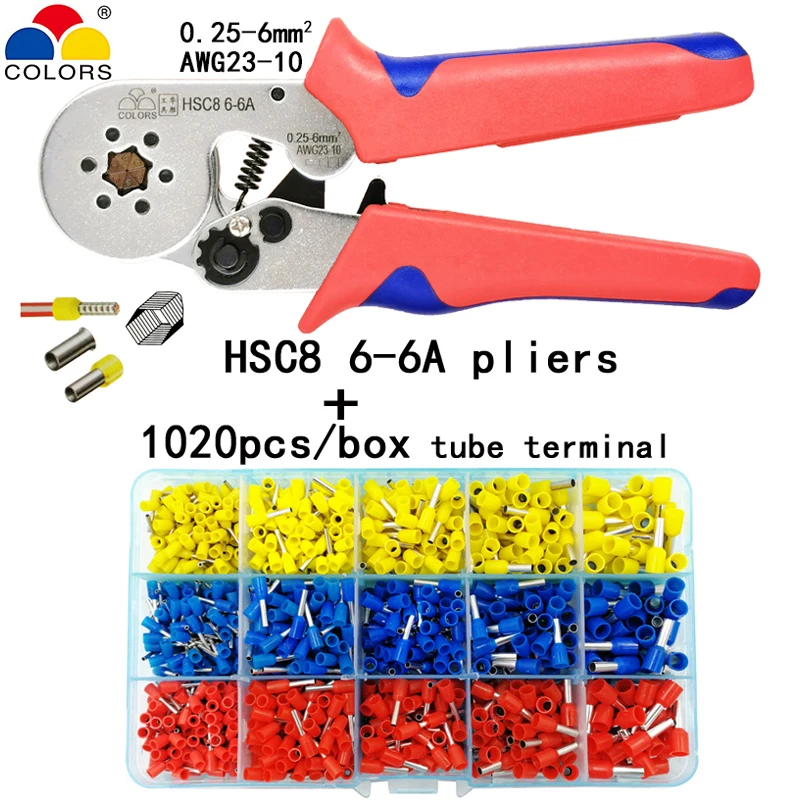 HSC8 6-6A 1020tube Трубчатые обжимные инструменты Мини Электрические плоскогубцы HSC8 10SA 0,25-10mm2 23-7AWG 6-4A/6-6A 0,25-6mm2 Высокоточный набор зажимов - Цвет: HSC8 6-6A 1020tube