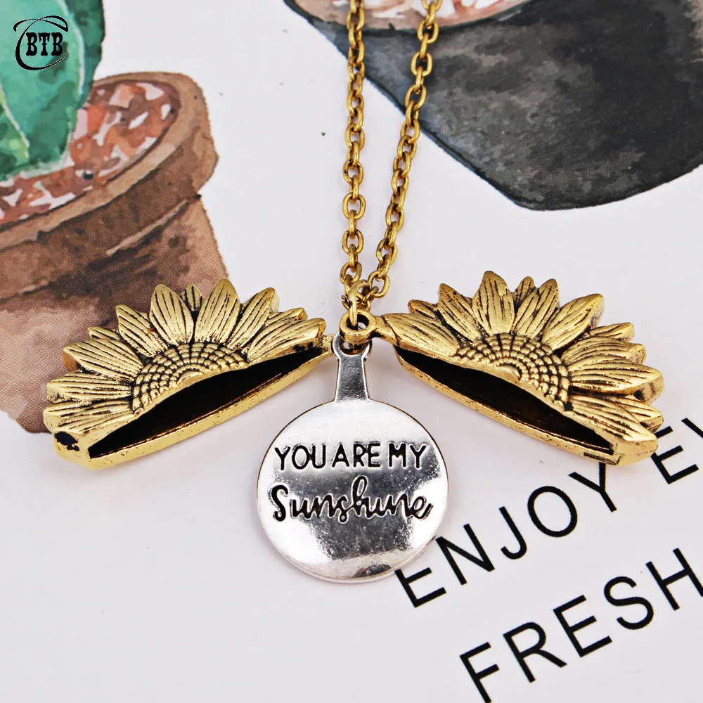 

New Fashion Bohemia Metal Sunflower Pendant Gold Necklace For Women Open Locket Necklace Lettering you are my sunshine