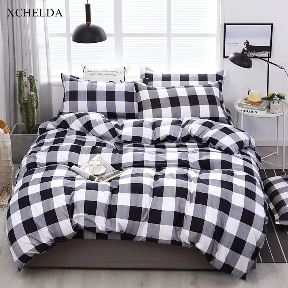 Plaid Comforter Duvet Cover Bed Sheet set Double Queen King Size Bedding Set Black White Cotton Adult linens Home Textile