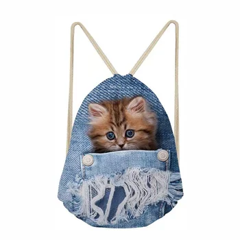 

Denim 3D Cat Drawstring Bag Fashion Drawstring Bags For Women Girls Backpack Kids String Rucksack Travel Storage Pouch 2019
