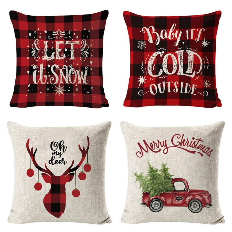Christmas Red Cushion Covers Red Black Plaids Santa Pillow Cover Winter