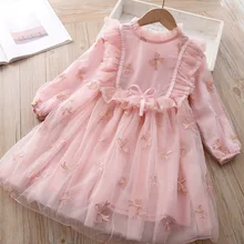 Очень милое красивое платье принцессы для девочек весеннее Пышное трикотажное платье с длинными рукавами, вышивкой и бантом для маленьких девочек