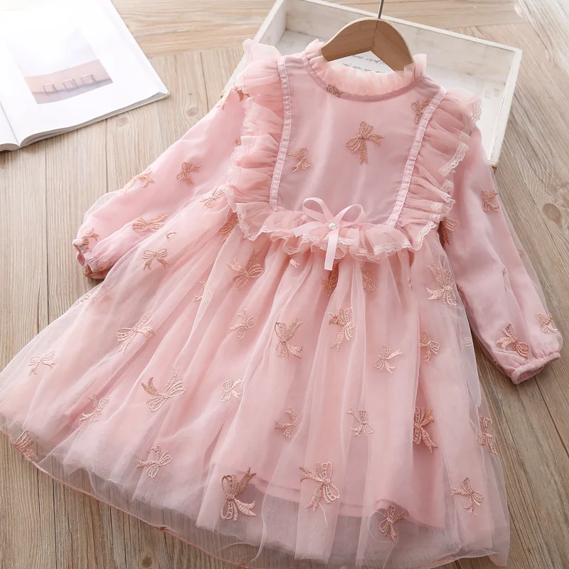 Super Sweet Beautiful Girls Princess Dress Bow Embroidery Wrinkle Lace Spring Long Sleeve Little Girl Puffy Yarn Dresses 2020 | Детская