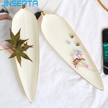 

JINSERTA Ceramic Storage Tray Jewelry Display Plate Cosmetic Organizer Gold Inlay Dessert Fruit Cake Snack Plate Desktop Decor