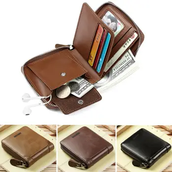 

Men's Wallet Leather Credit Card Holder Blocking Zipper Thin Pocket Small Mini Black Brown Wallets
