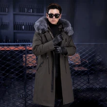 Длинное мужское пальто, съемная подкладка из натурального кроличьего меха, воротник из меха серебристой лисы, парка на осень и зиму, модный мужской плащ