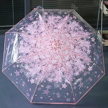 

Compact Folding Cherry Umbrella Transparent Clear Umbrella Three Folding 8 Rib Windproof Umbrellas Women Rain Umbrella Newest