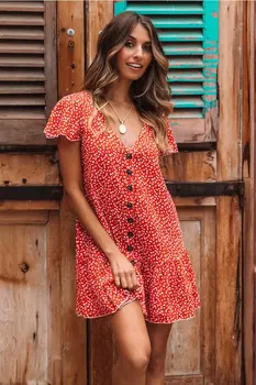 

Spring Beach Printing Ruffles Sexy Bohemian Beach Dresses Button Comfortable Short Runway Dress Casual Boho Spring Vestido