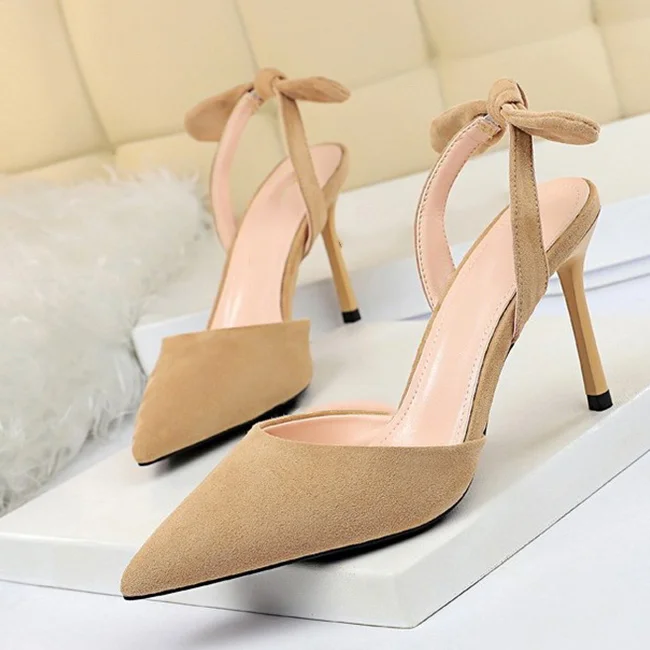 Boussac Elegant Bowtie Slingback High Heel Women Pumps Sexy Pointed Toe High Heels Ladies Shoes Suede Thin Heel Party Shoes B233