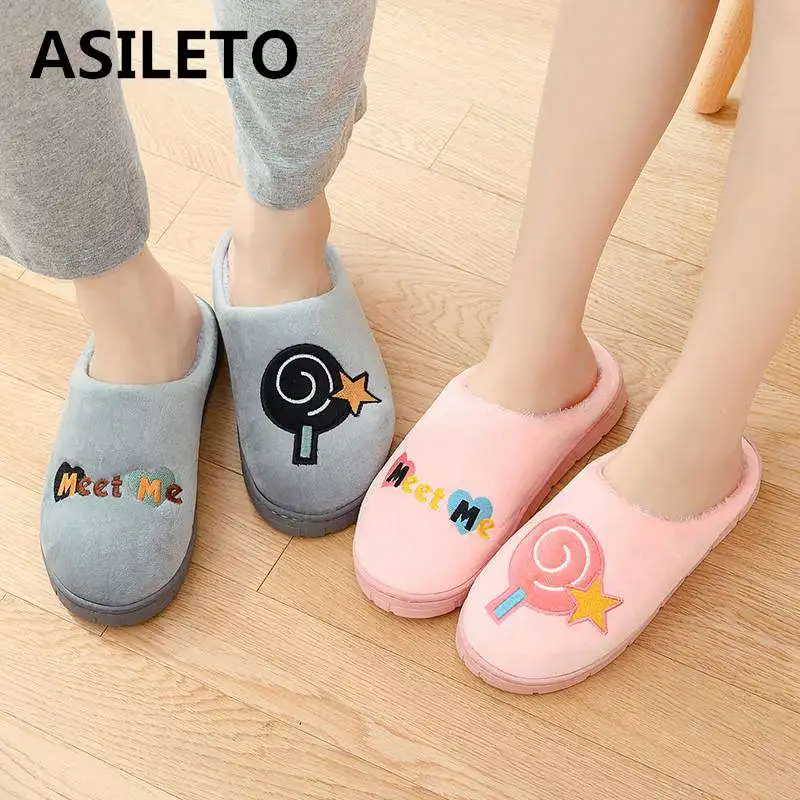 

ASILETO women slippers couple indoor floor plush warm winter home household cotton non-slip Round toe Unisex Cartoon sweet shoes