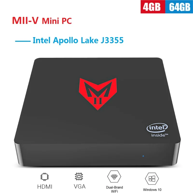 MII-V Мини ПК Intel Apollo Lake J3355 Windows 10 4 Гб ОЗУ 64 ПЗУ двухэкранный дисплей Bluetooth 0 1000 Мбит/с