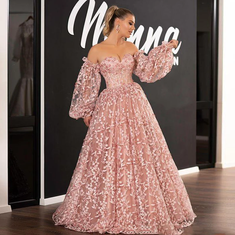 

Pink 2020 New Prom Dresses Lace Appliqued Dubai Arabic Off Shoulder Beads Long Sleeve Evening Gowns A Line Formal Pageant Dress